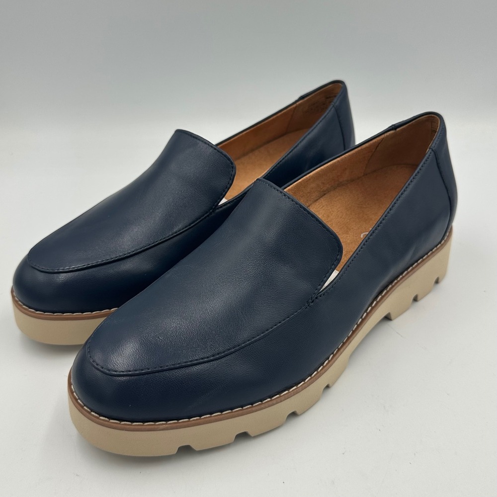 Vionic Kensley Loafer Sz 7 WIDE Navy NIB Nappa Leather Platform Lug Sole Comfort